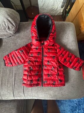 Kids Red Hooded Puffer Jacket with Black Print